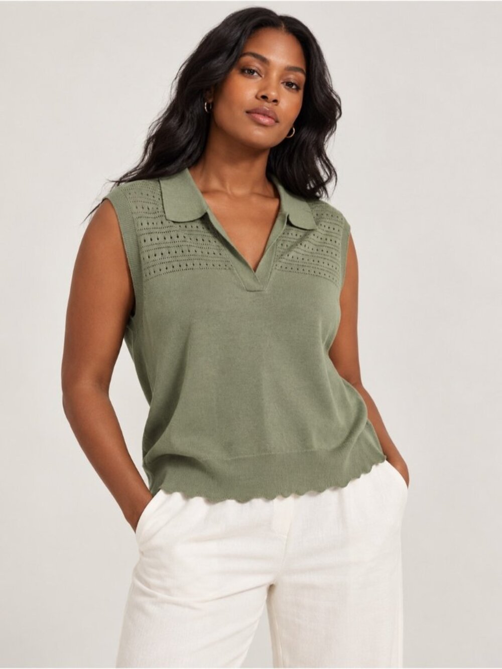 Joie 2X Olive Green Eyelet Knit Sleeveless Polo Sweater